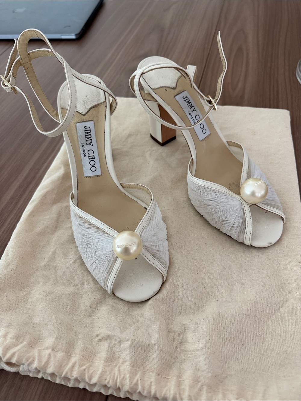 Jimmy Choo Ivory Pearl-Accent Tulle Open-Toe Heels